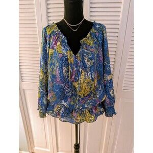 Jones New York Signature Top Women 1X Blue Multi Paisley Blouse Peplum Bohemian